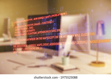 Multi exposure of abstract graphic coding sketch on modern computer background, big data and networking concept
