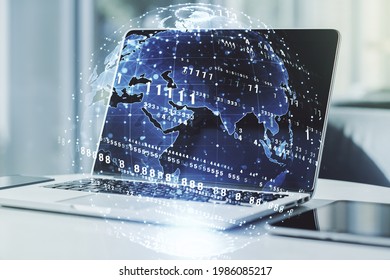 Multi exposure of abstract graphic coding sketch with world map on modern computer background, big data and networking concept