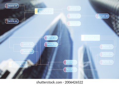 Multi exposure of abstract graphic coding sketch on modern architecture background, big data and networking concept