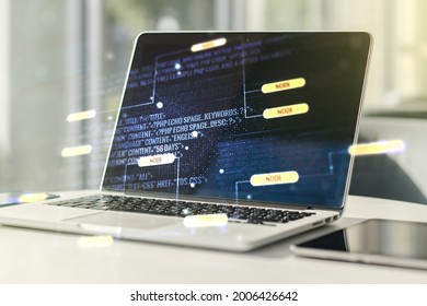 Multi exposure of abstract graphic coding sketch on modern computer background, big data and networking concept