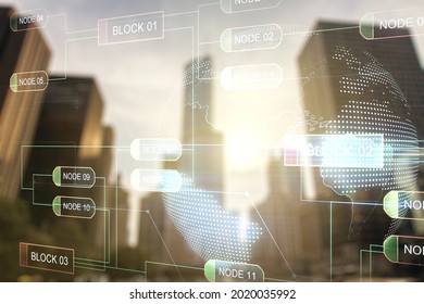 Multi exposure of abstract graphic coding sketch and world map on modern architecture background, big data and networking concept