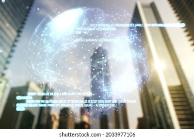 Multi exposure of abstract graphic coding sketch and world map on modern architecture background, big data and networking concept