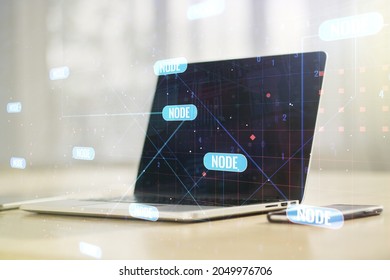 Multi exposure of abstract graphic coding sketch on modern computer background, big data and networking concept