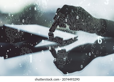 Multi exposure of abstract graphic coding sketch with world map and hand working with a digital tablet on background, big data and networking concept