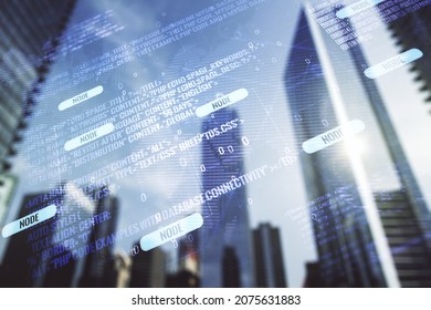 Multi exposure of abstract graphic coding sketch and world map on modern architecture background, big data and networking concept