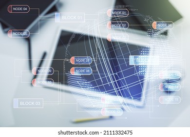 Multi exposure of abstract graphic coding sketch with world map and modern digital tablet on desktop on background, top view, big data and networking concept