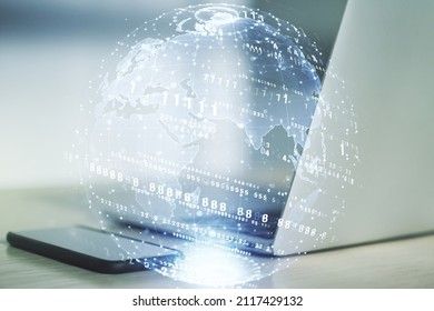 Multi exposure of abstract graphic coding sketch with world map on modern computer background, big data and networking concept