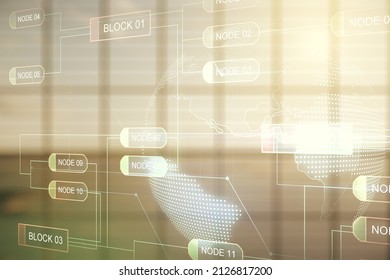 Multi exposure of abstract graphic coding sketch and world map on modern interior background, big data and networking concept