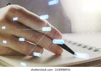 Multi exposure of abstract graphic coding sketch with man hand writing in diary on background, big data and networking concept