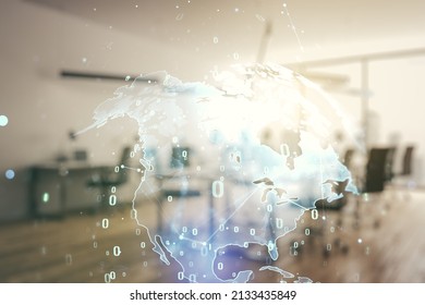 Multi exposure of abstract graphic coding sketch and world map on a modern furnished classroom background, big data and networking concept