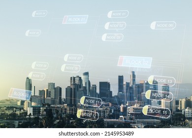 Multi exposure of abstract graphic coding sketch on Los Angeles cityscape background, big data and networking concept
