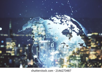 Multi exposure of abstract graphic coding sketch and world map on blurry skyscrapers background, big data and networking concept