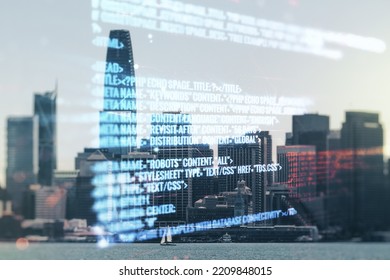 Multi exposure of abstract graphic coding sketch on San Francisco cityscape background, big data and networking concept