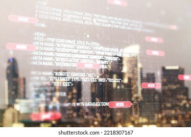 Multi exposure of abstract graphic coding sketch on blurry skyscrapers background, big data and networking concept