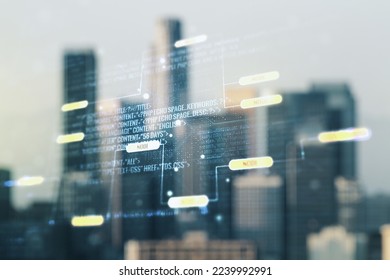 Multi exposure of abstract graphic coding sketch on blurry skyscrapers background, big data and networking concept