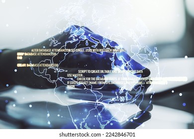 Multi exposure of abstract graphic coding sketch with world map and hand working with a digital tablet on background, big data and networking concept