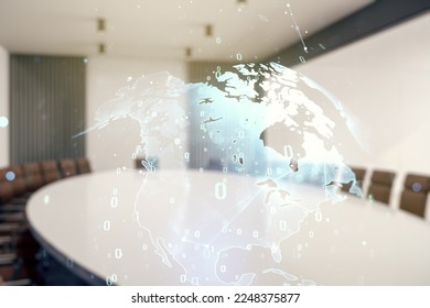 Multi exposure of abstract graphic coding sketch and world map on a modern furnished classroom background, big data and networking concept