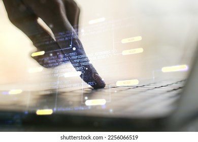 Multi exposure of abstract graphic coding sketch with hands typing on computer keyboard on background, big data and networking concept