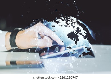 Multi exposure of abstract graphic coding sketch with world map and hand working with a digital tablet on background, big data and networking concept