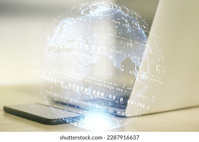 Multi exposure of abstract graphic coding sketch with world map on modern computer background, big data and networking concept