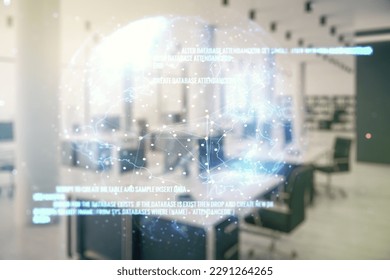 Multi exposure of abstract graphic coding sketch and world map on a modern furnished classroom background, big data and networking concept