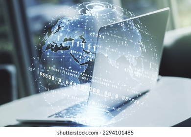 Multi exposure of abstract graphic coding sketch with world map on modern computer background, big data and networking concept