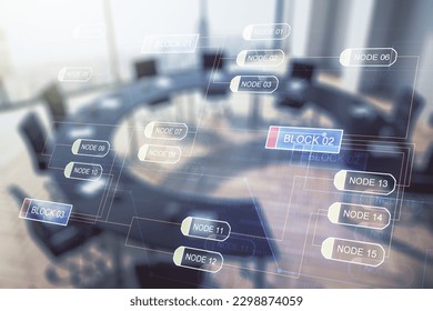 Multi exposure of abstract graphic coding sketch on a modern furnished classroom background, big data and networking concept