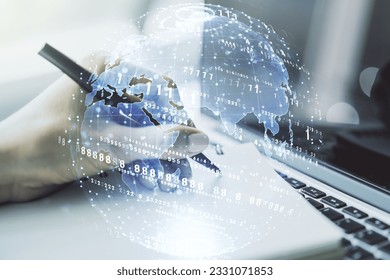 Multi exposure of abstract graphic coding sketch with world map and hand writing in diary on background with laptop, big data and networking concept