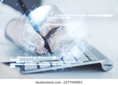 Multi exposure of abstract graphic coding sketch with world map and hand writing in diary on background with laptop, big data and networking concept