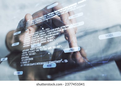 Multi exposure of abstract graphic coding sketch and hand working with a digital tablet on background, big data and networking concept