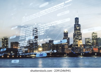 Multi exposure of abstract graphic coding sketch on Chicago cityscape background, big data and networking concept