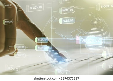 Multi exposure of abstract graphic coding sketch with world map and hands typing on computer keyboard on background, big data and networking concept