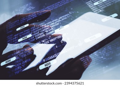 Multi exposure of abstract graphic coding sketch with world map and hand working with a digital tablet on background, big data and networking concept