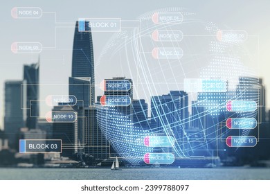 Multi exposure of abstract graphic coding sketch and world map on San Francisco cityscape background, big data and networking concept