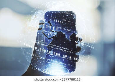 Multi exposure of abstract graphic coding sketch with world map and hand with mobile phone on background, big data and networking concept