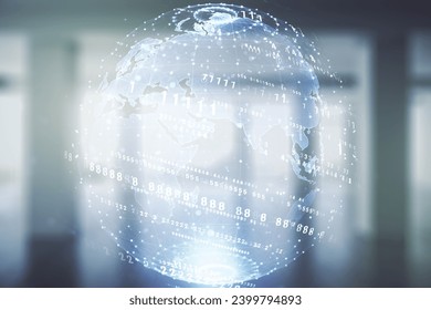 Multi exposure of abstract graphic coding sketch and world map on modern interior background, big data and networking concept