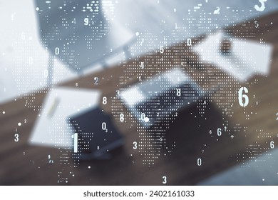 Multi exposure of abstract graphic coding sketch with world map and modern desktop with pc on background, big data and networking concept
