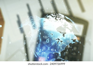 Multi exposure of abstract graphic coding sketch and world map on blurry calculator and papers background, big data and networking concept