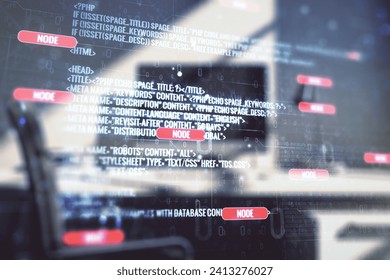 Multi exposure of abstract graphic coding sketch and modern desktop with pc on background, big data and networking concept