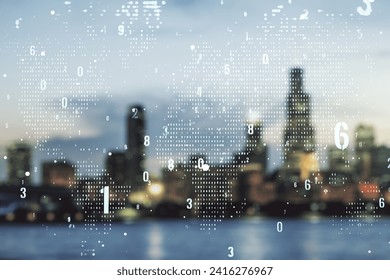 Multi exposure of abstract graphic coding sketch and world map on blurry skyscrapers background, big data and networking concept