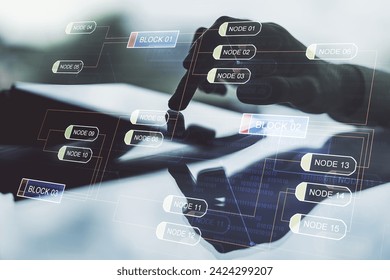 Multi exposure of abstract graphic coding sketch and hand working with a digital tablet on background, big data and networking concept