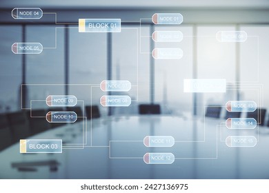 Multi exposure of abstract graphic coding sketch on a modern furnished classroom background, big data and networking concept
