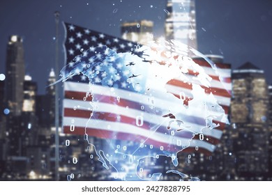 Multi exposure of abstract graphic coding sketch and world map on US flag and skyline background, big data and networking concept