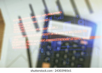 Multi exposure of abstract graphic coding sketch on blurry calculator and papers background, big data and networking concept