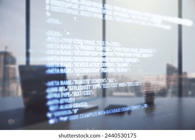 Multi exposure of abstract graphic coding sketch and modern desktop with pc on background, big data and networking concept