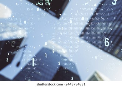 Multi exposure of abstract graphic coding sketch and world map on modern architecture background, big data and networking concept