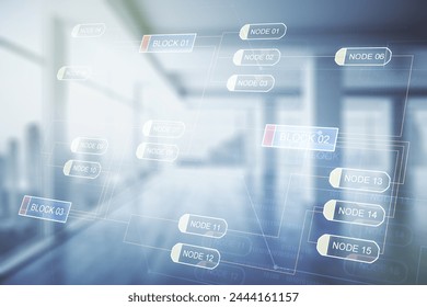 Multi exposure of abstract graphic coding sketch on modern interior background, big data and networking concept
