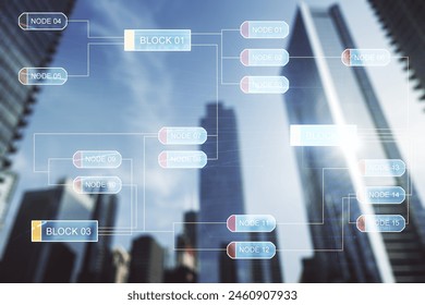 Multi exposure of abstract graphic coding sketch on modern architecture background, big data and networking concept