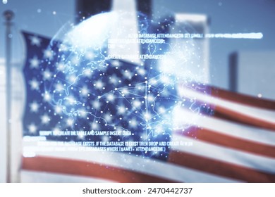 Multi exposure of abstract graphic coding sketch and world map on US flag and skyline background, big data and networking concept