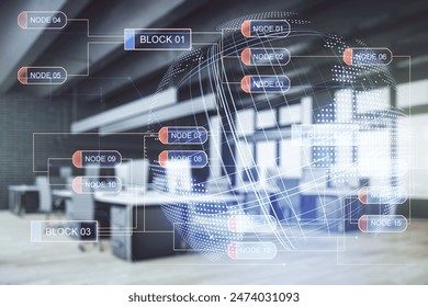 Multi exposure of abstract graphic coding sketch and world map on a modern furnished classroom background, big data and networking concept